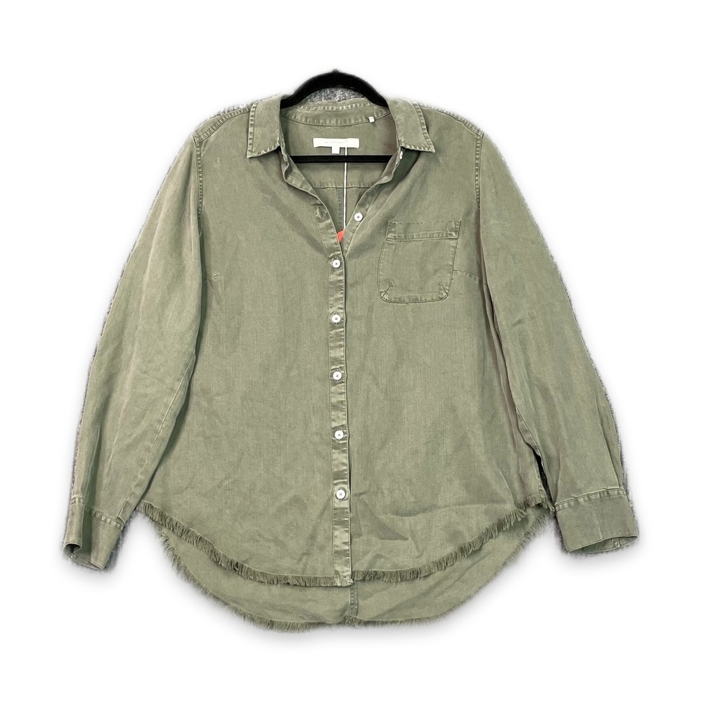 Foxcroft Shirt Womens 10 Olive Green Tencel Button Front Fringed Hem Minimalist